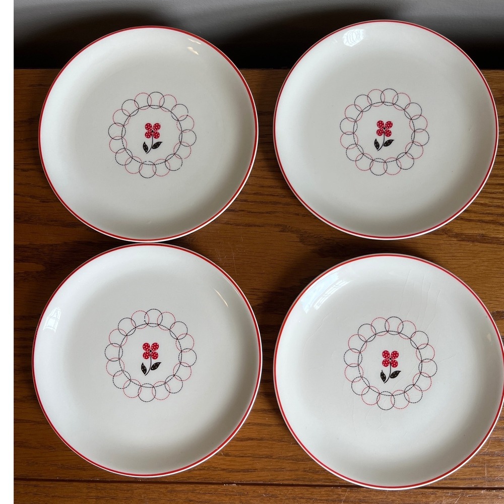 Vintage MCM Salem by Calico Salad Dessert Plates 6.25" Black Red Floral Cottage - Picture 7 of 13